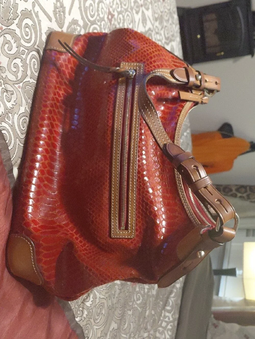 Dooney & Bourke Glossy Red Faux-Snakeskin Hobo with Brown Trim & Wallet